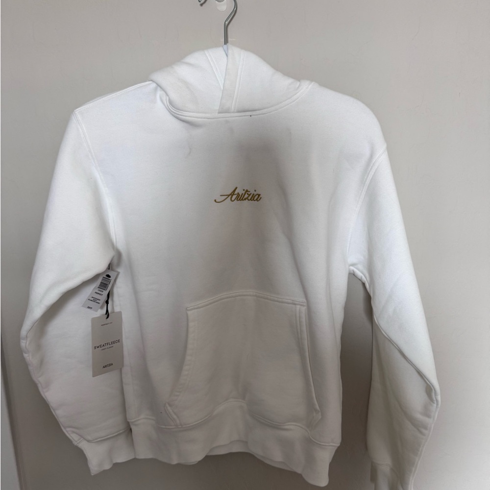 Aritzia Perfect Sweatfleece Hoodie in White with Gold Accents